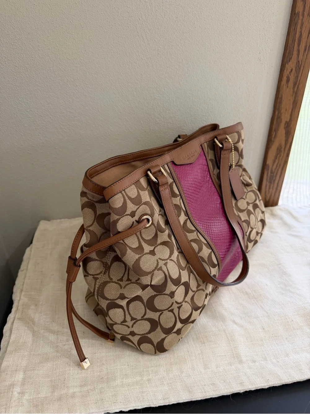 Coach Brown Signature Carryall Drawstring Pink Snakeskin Stripe Bag